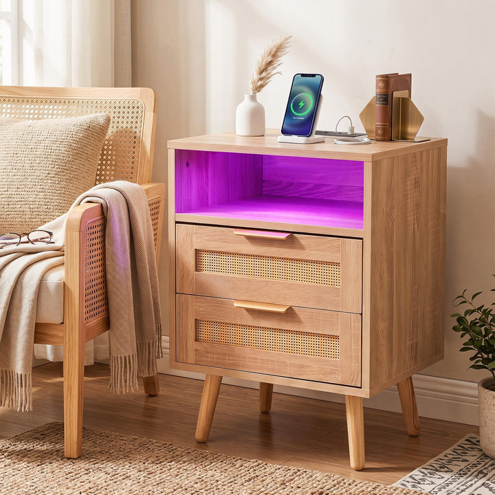 GIANTEX Rattan Nightstand with 2 Drawers &amp; Open Shelf (1/2)