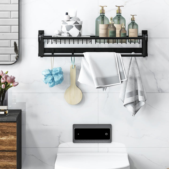 Giantex Foldable Towel Rack for Bathroom, Wall Mounted Towel Holder Organizer w/ 1 Basket, 1 Towel Bar & 5 Sliding Hooks