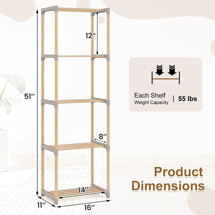 Giantex 5-Tier Bookshelf | Pine Wood Bookcase with Freestanding Storage Organizer