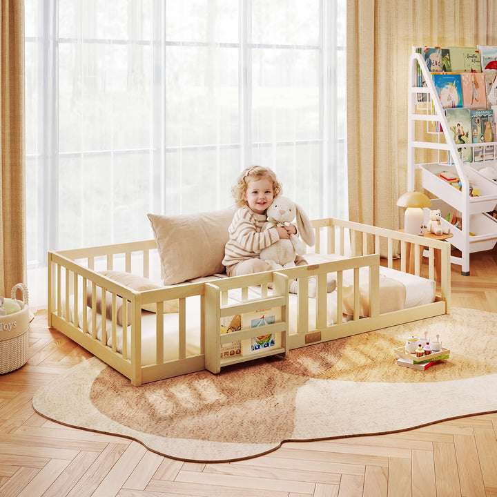 GIANTEX Twin Solid Wood Floor Bed for Kids | Montessori Bed with Bedside Bookshelf