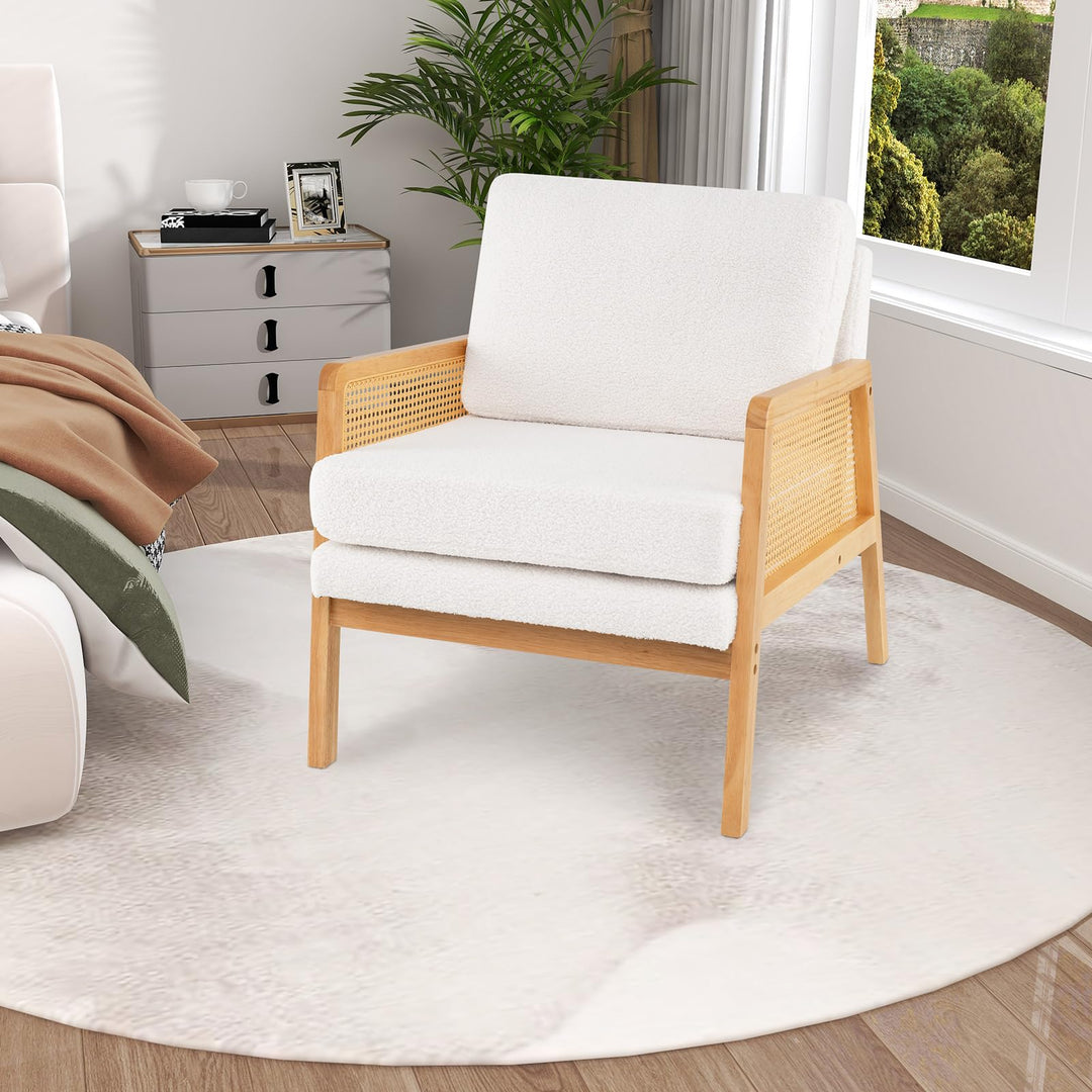 Giantex Mid Century Modern Accent Chair, Boho Boucle Living Room Arm Chair w/Rattan Arms
