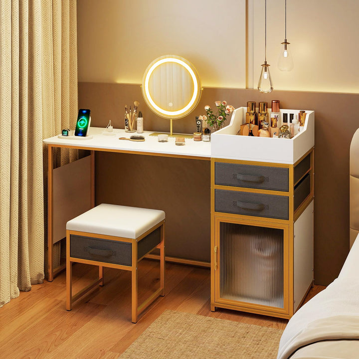 CHARMAID 55'' Vanity Desk with LED Mirror & Lighted Fluted Cabinet