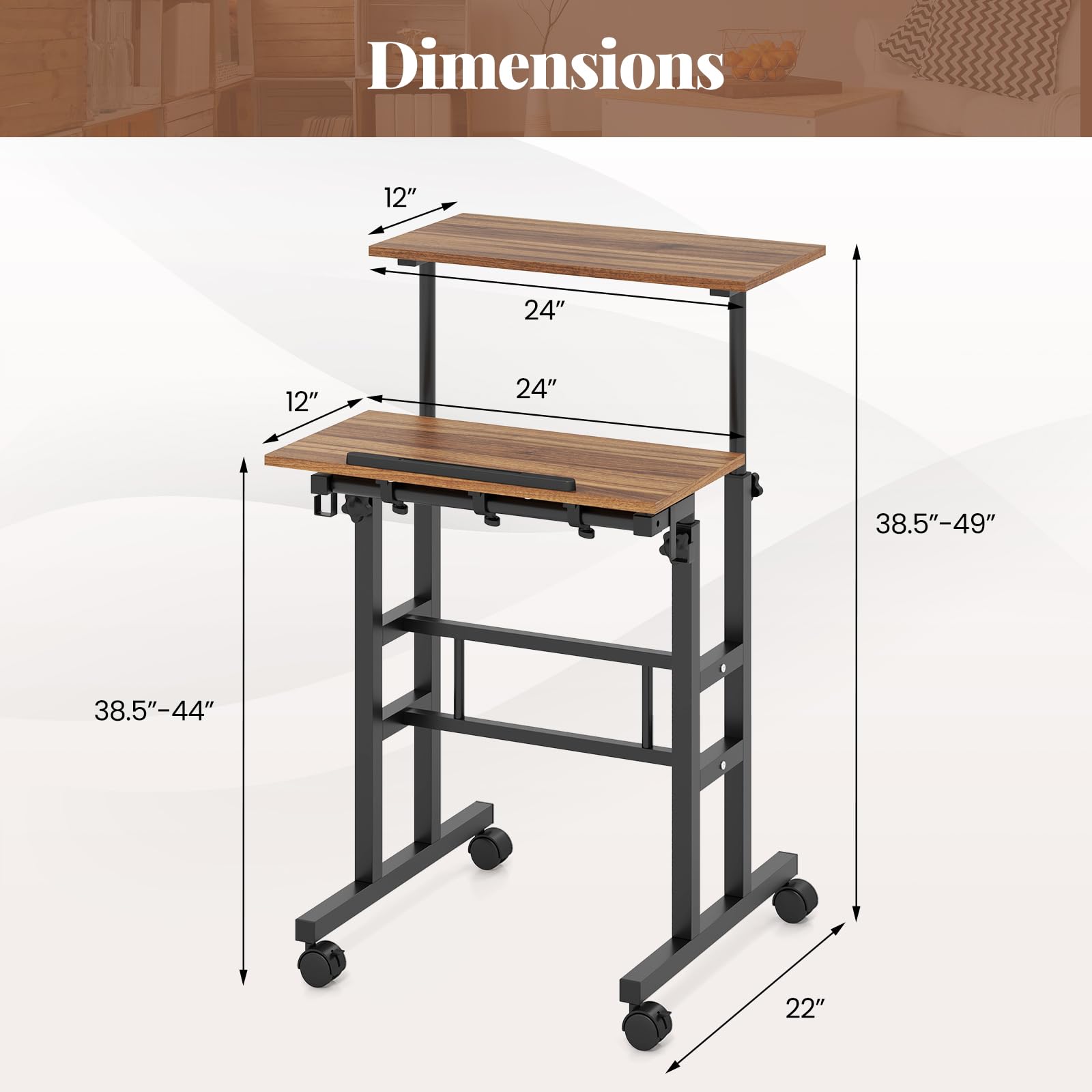 Giantex Mobile Stand up Desk, Height Adjustable, 24"D x 22"W x 49"H