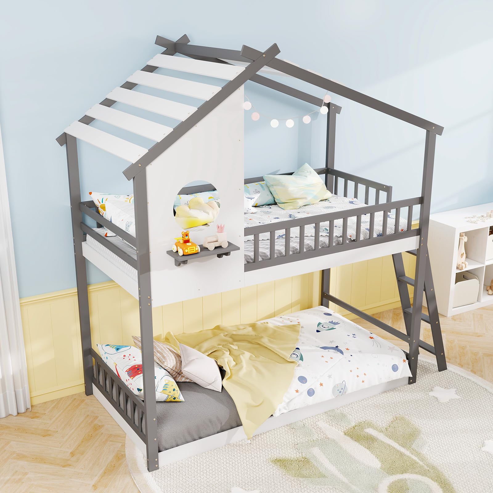Giantex Solid Wood Floor Bunk Bed with Ladder and Full-Length Guardrails