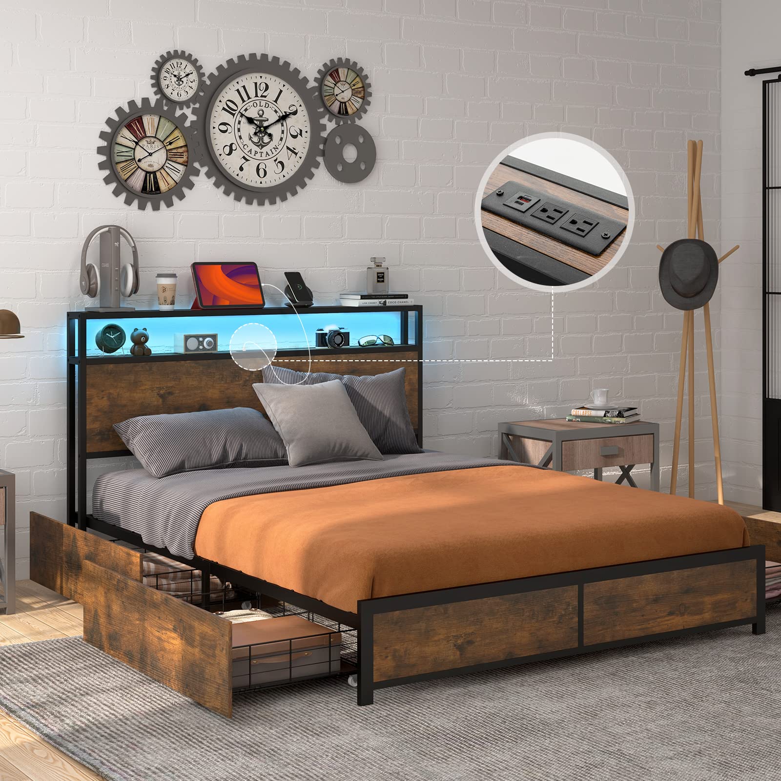 Queen/Full Bed Frame with LED Lights Headboard and 4 Storage Drawers - Guiantex