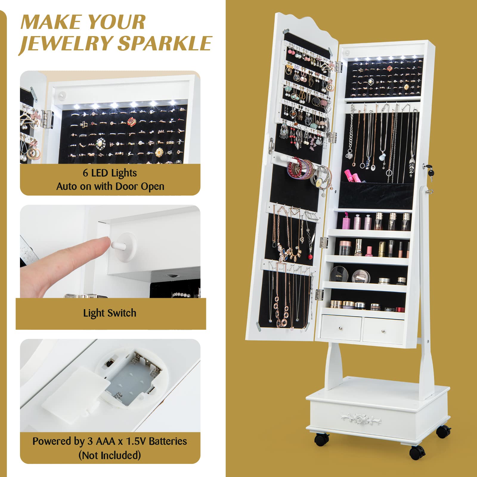 CHARMAID 6 LEDs Rolling Jewelry Cabinet with High Full Length Mirror, Lockable Standing Jewelry Armoire with Wheels