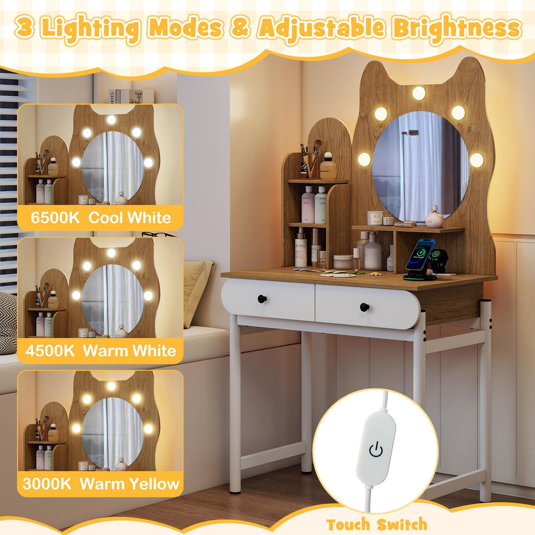 CHARMAID Small Vanity Desk with Mirror and Lights Cute Kitty Makeup Table with Power Outlets