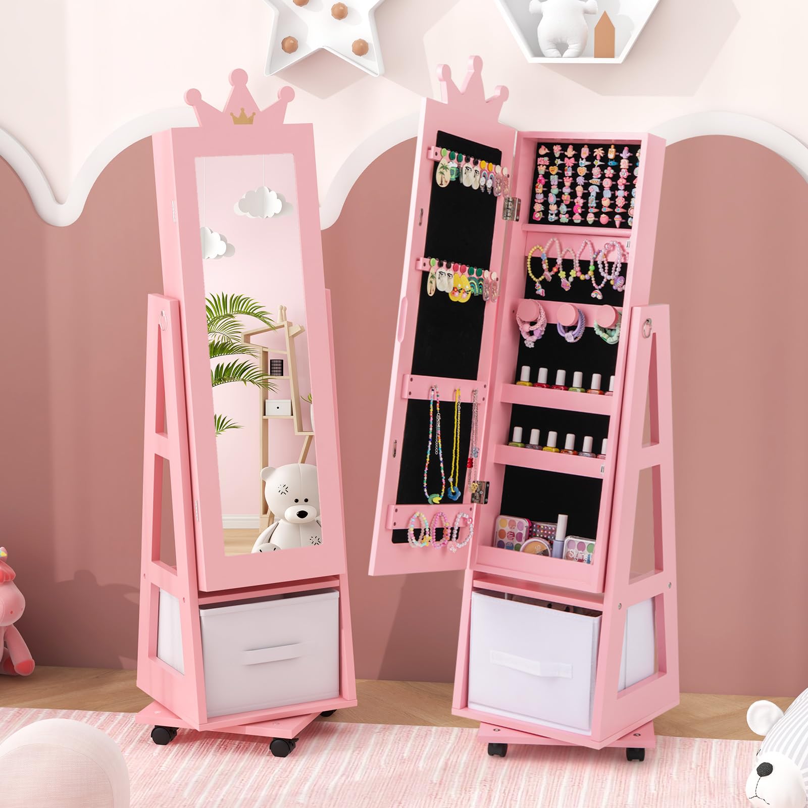 CHARMAID 360° Swivel Kids Jewelry Cabinet, 48" Standing Jewelry Organizer with Full Length Mirror, Storage Drawer
