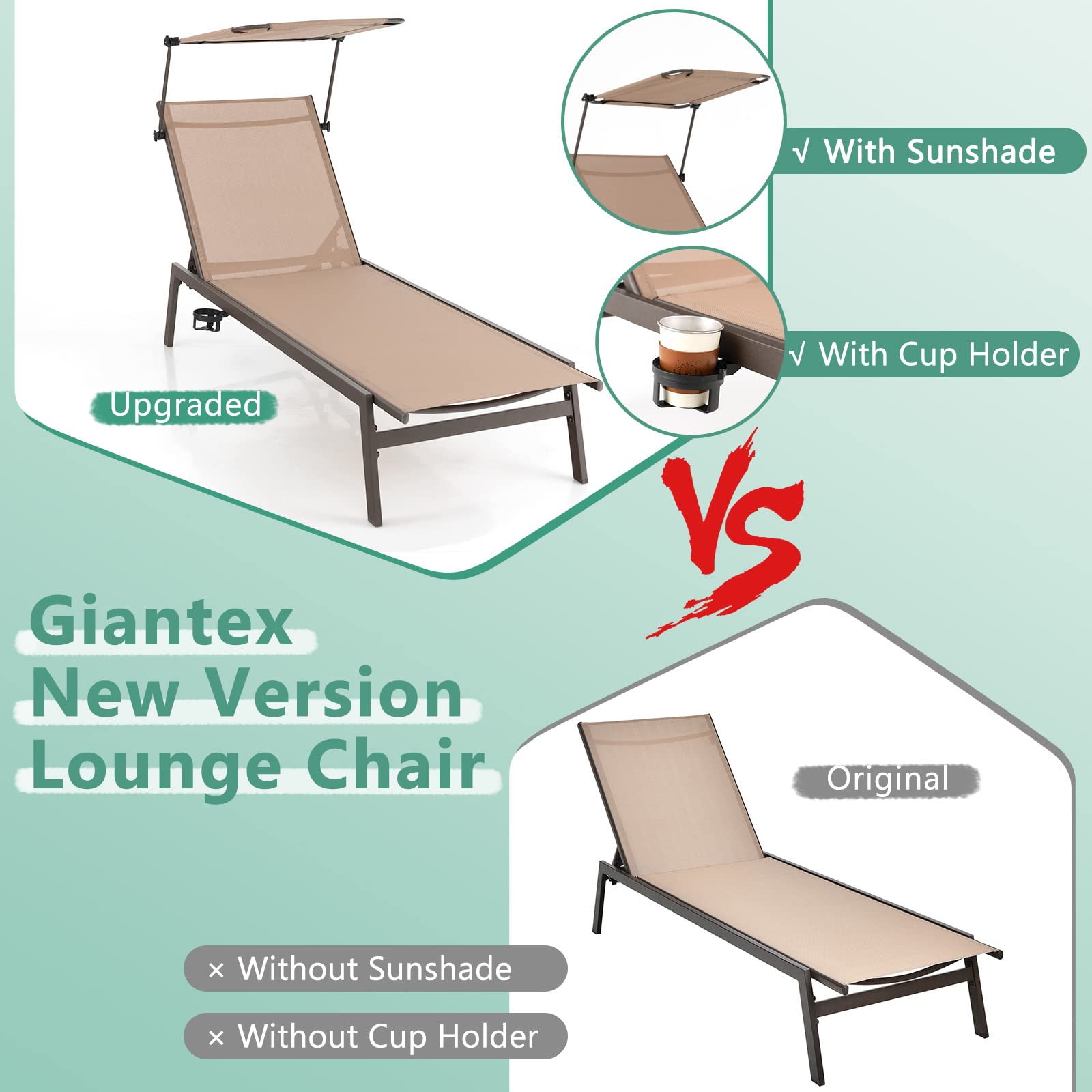 Outdoor Chaise Lounge Chair- Tanning Chair with Sunshade - Giantex