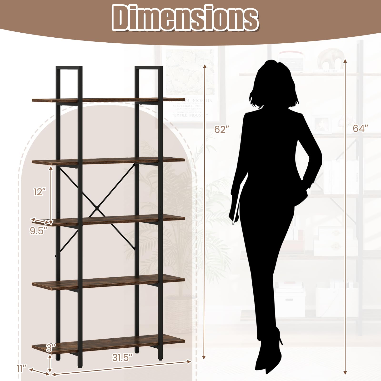Giantex 5 Tier Industrial Bookshelf for Living Room Bedroom Study