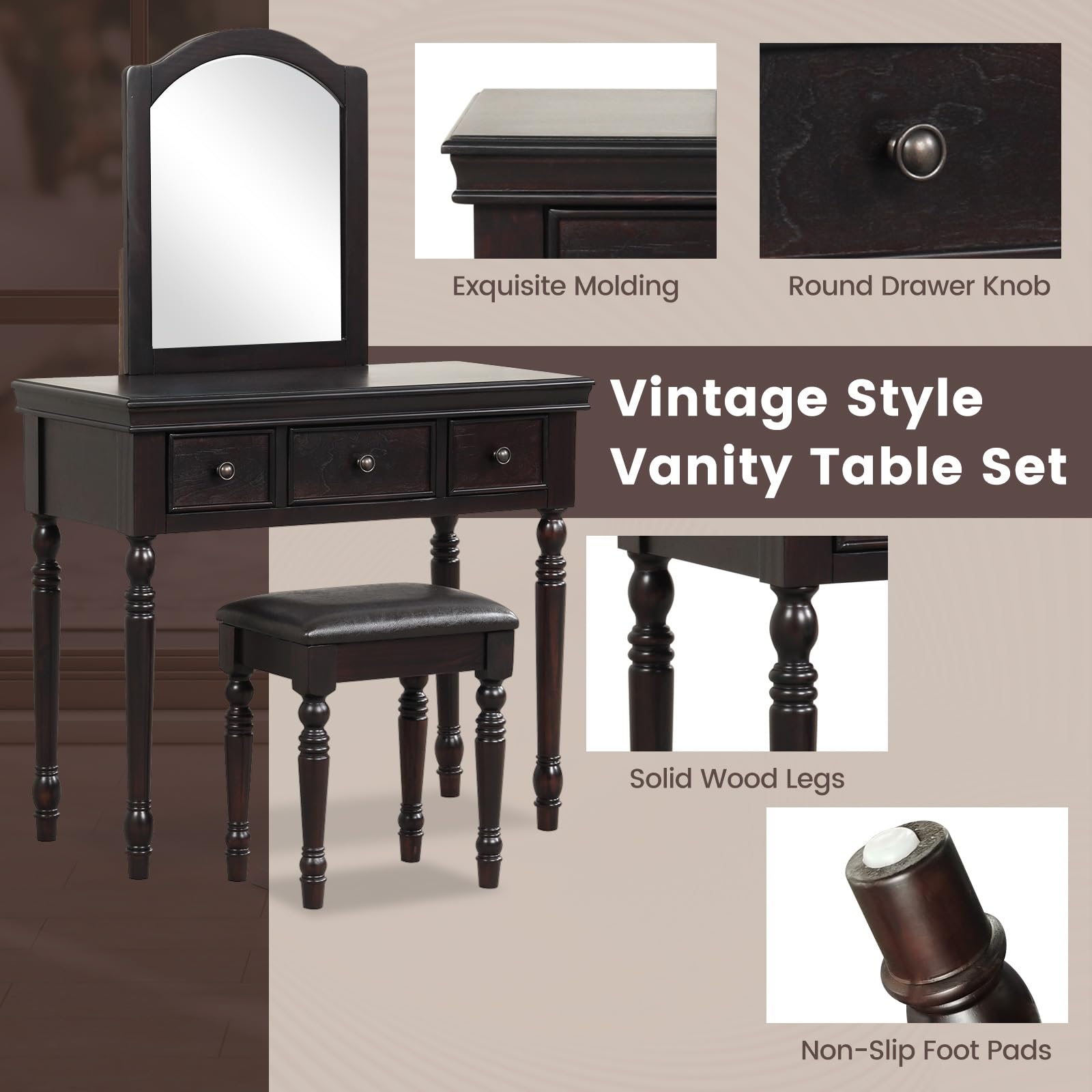 CHARMAID Makeup Vanity Desk with Mirror and Stool, Vanity Table Set with Large Mirror, 3 Drawers, Cushioned Stool