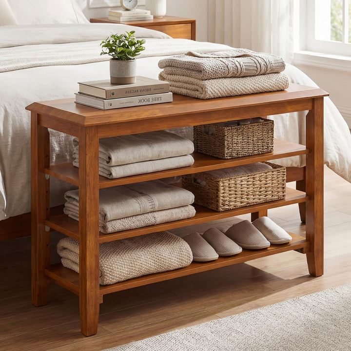Giantex 4-Tier Rubber Wood Shoe Rack Bench with Adjustable Shelves