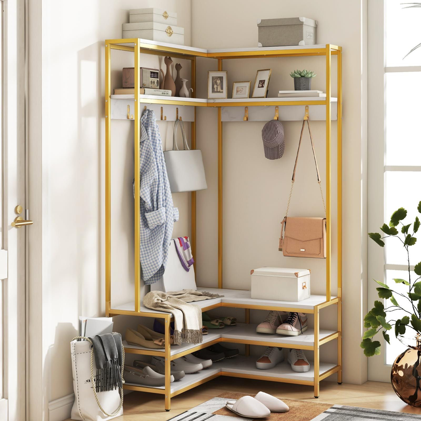 Giantex Corner Coat Rack with Shoe Bench, L-shaped Garment Rack with 5 Shelves & 7 Hooks