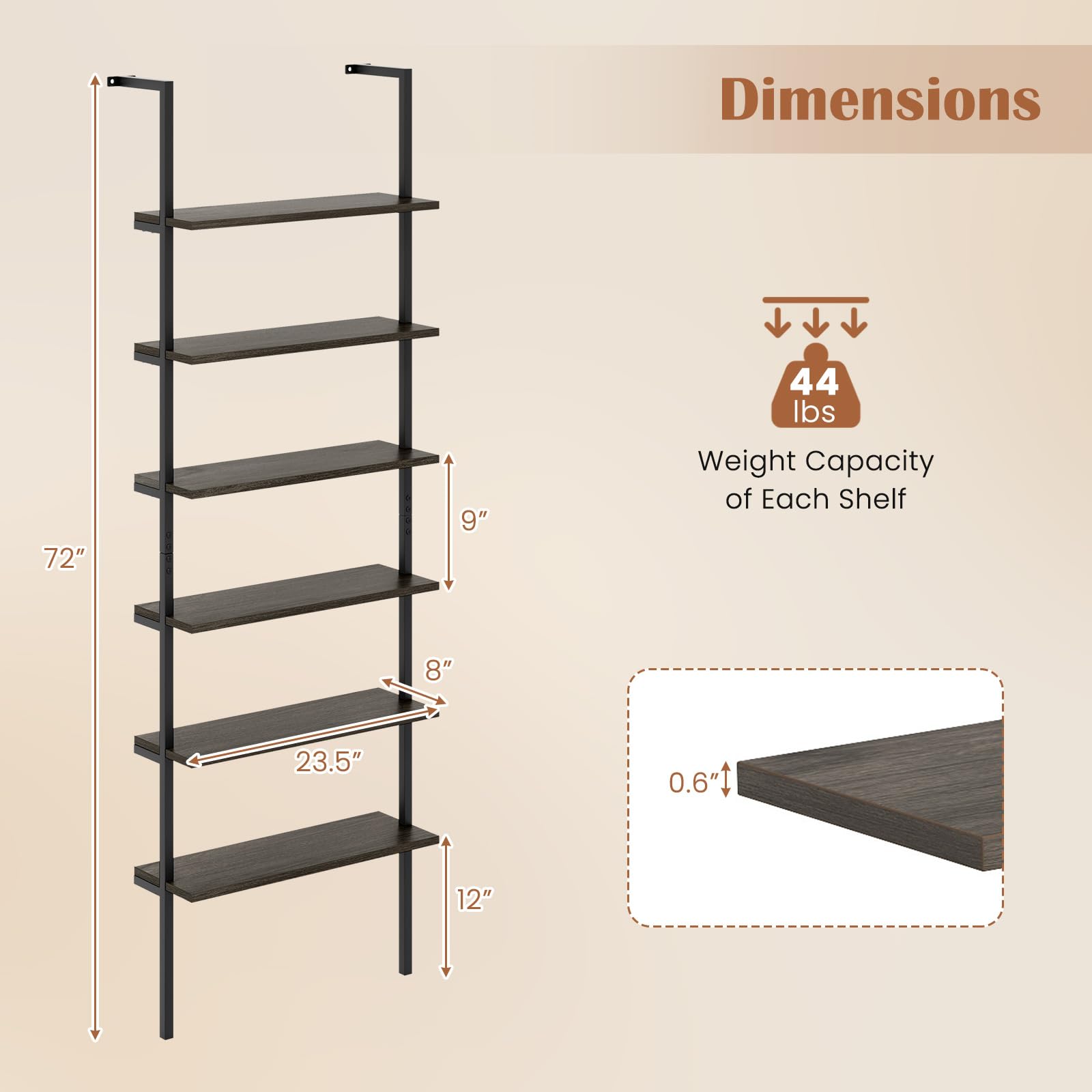 Giantex 6-Tier Ladder Shelf, 72" Wall Mounted Bookshelf with Metal Frame, Industrial Open Storage Shelves