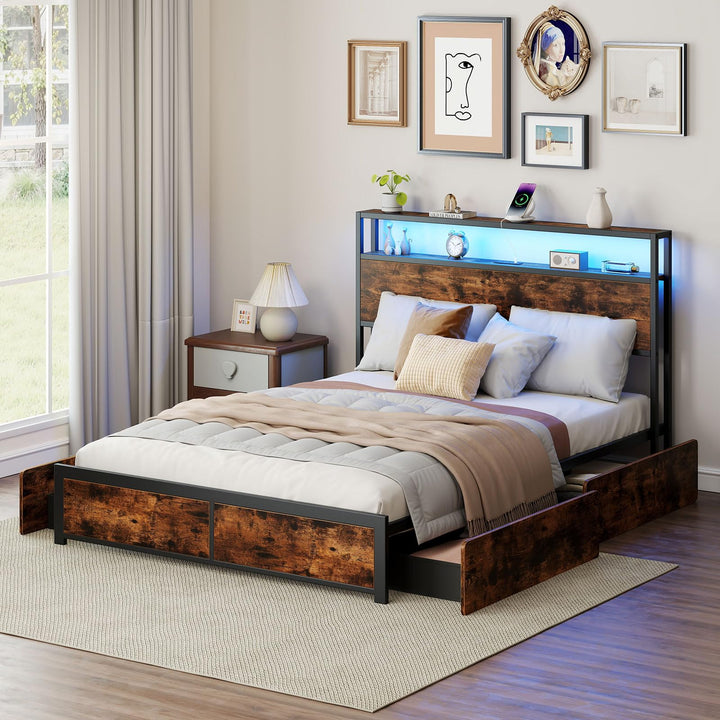 Giantex LED Bed Frame with Charging Station & 4 Storage Drawers