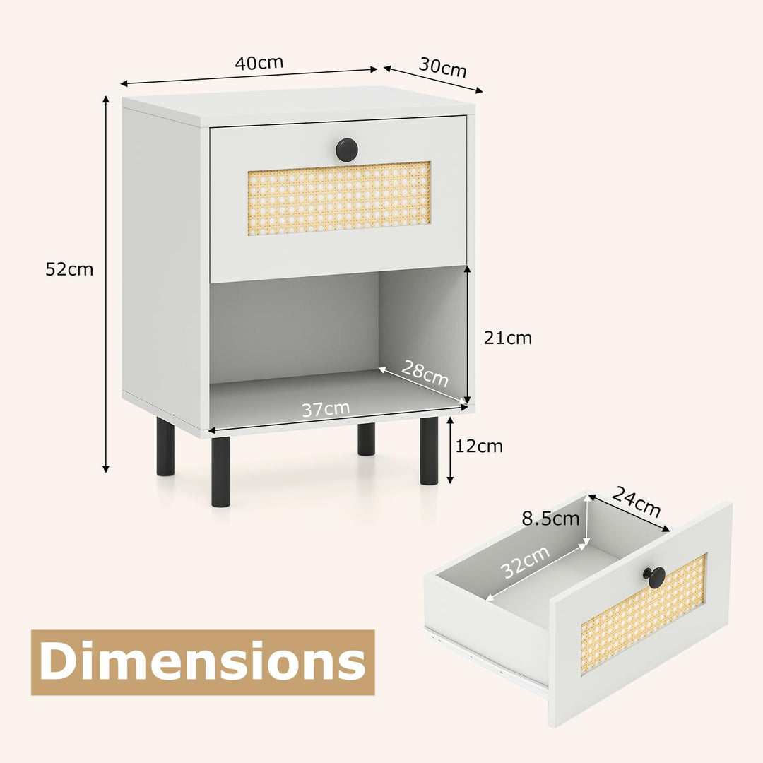 Giantex Rattan Nightstand Boho End Table with Rattan Drawer and Open Shelf