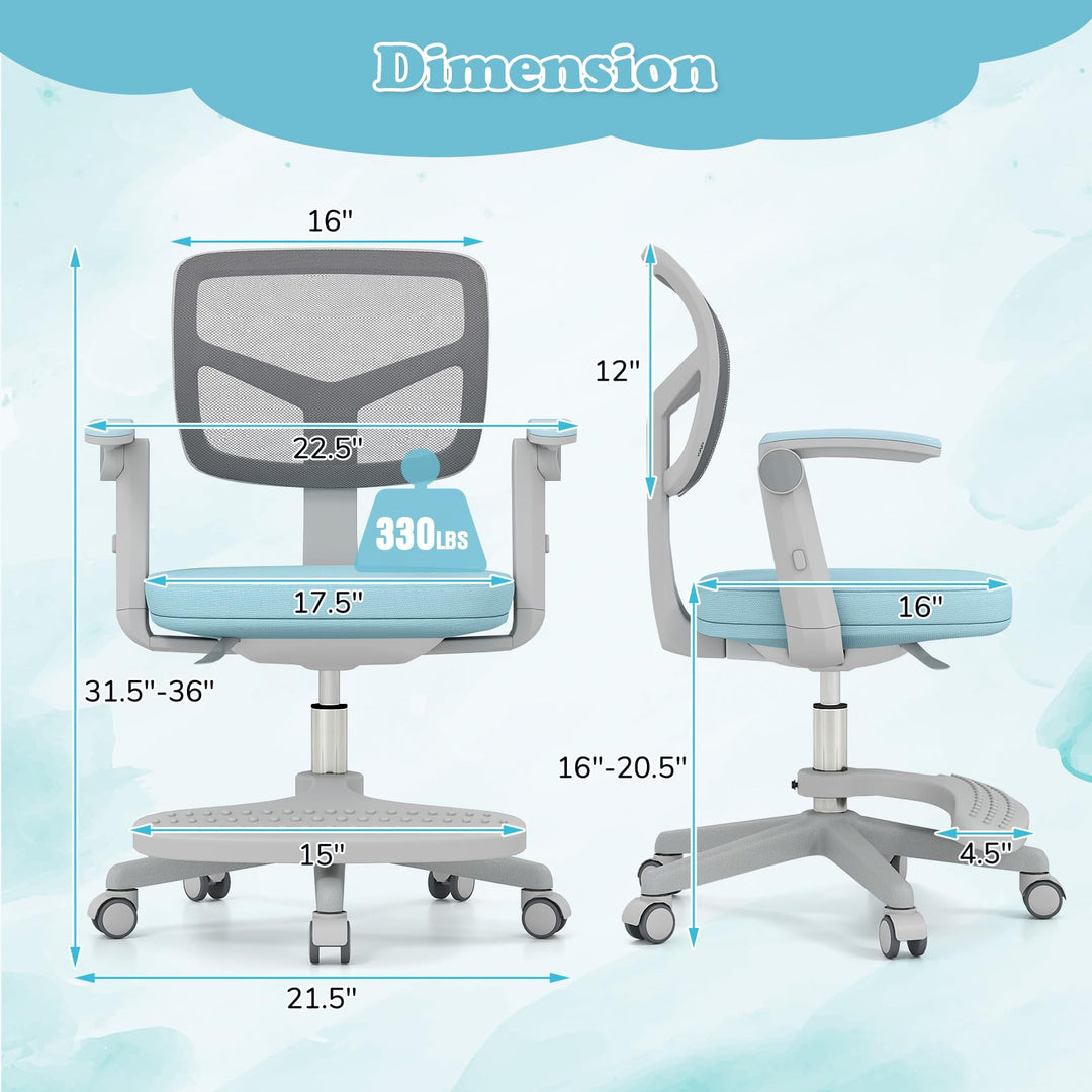 Kids Desk Chair, Ergonomic Adjustable Student Rolling Chair with Footrest & Flip-up Armrest