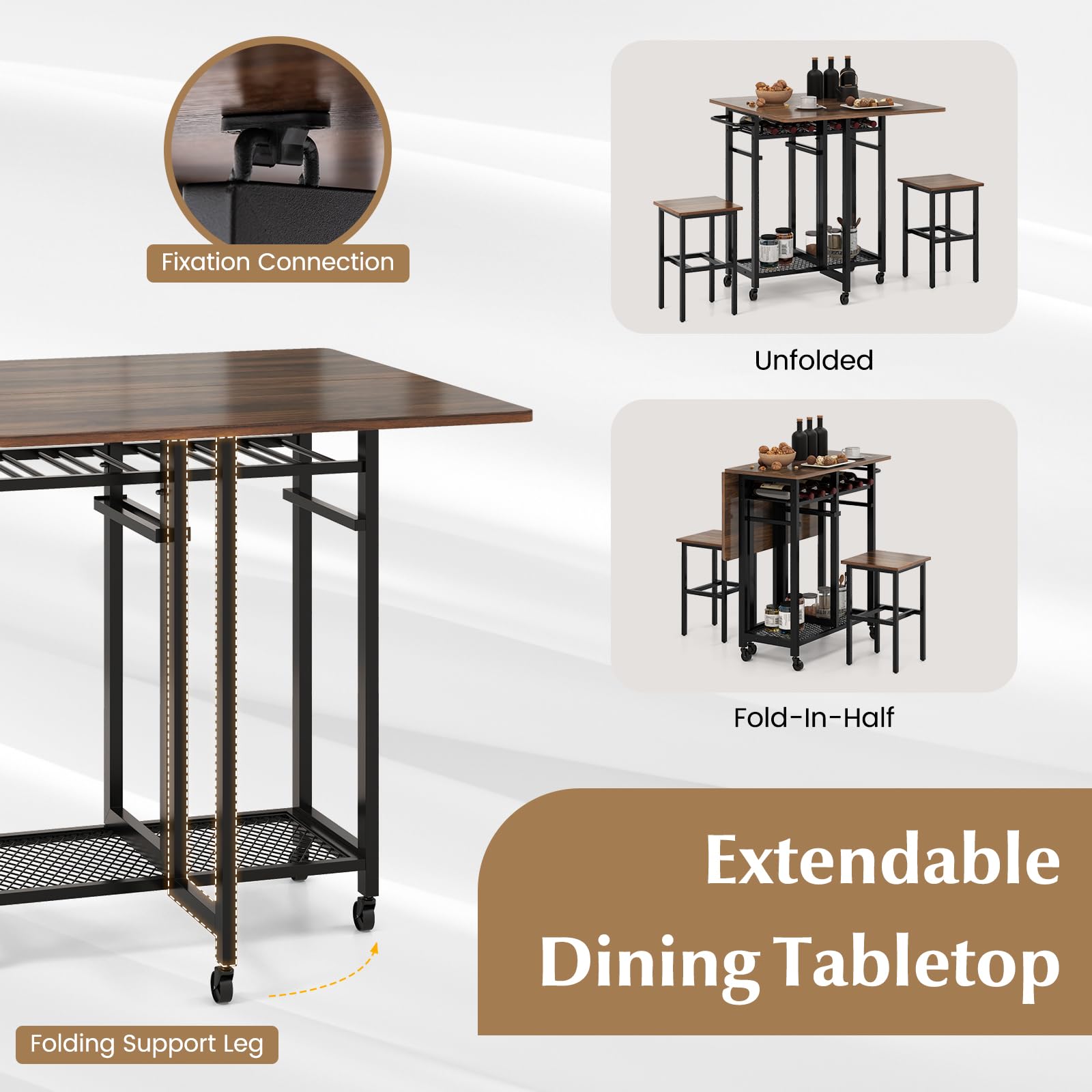 Giantex 3-Piece Foldable Dining Table Set, Extendable Dining Table & 2 Stools Set w/ 6-Bottle Wine Rack