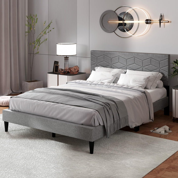 Giantex Upholstered Bed Frame Modern Platform Bed with Linen Fabric Geometric Headboard