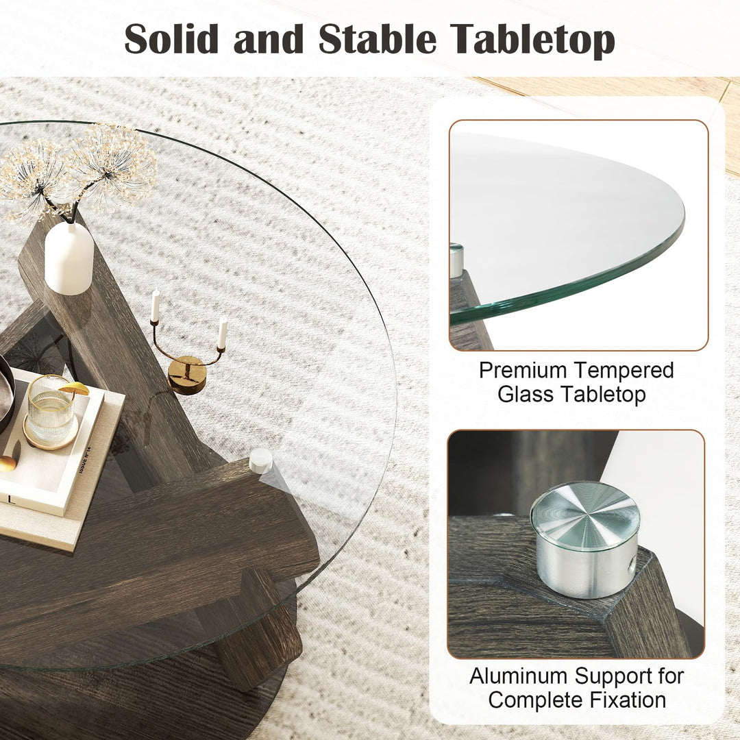 Giantex 32inch Glass Round Coffee Table with Clear Tempered Glass Top Solid Wood Legs