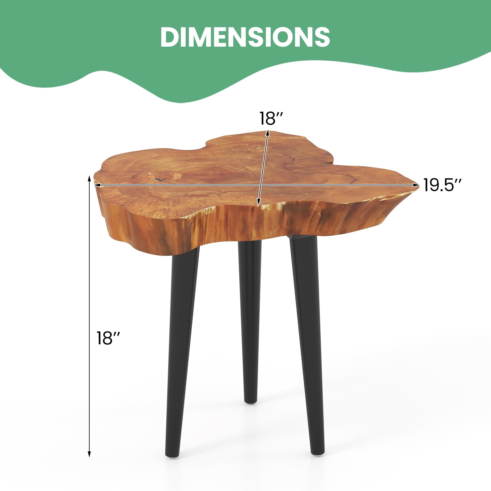 Giantex Teak Wood Outdoor Side Table - 18” End Table with Solid Live Edge, Irregular Tabletop, Mahogany Tapered Legs