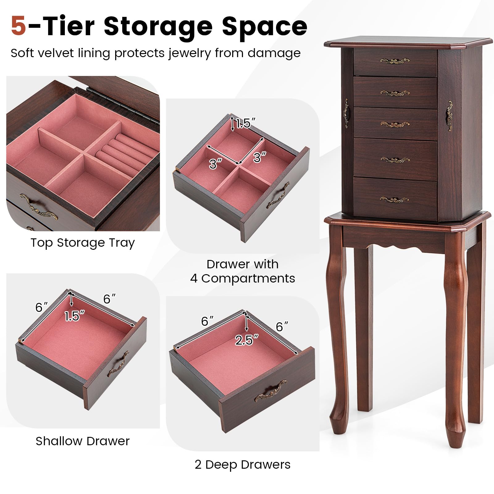 CHARMAID Standing Jewelry Organizer Cabinet with 4 Drawers, Top Storage Tray with Ring Slots, 2 Side Doors