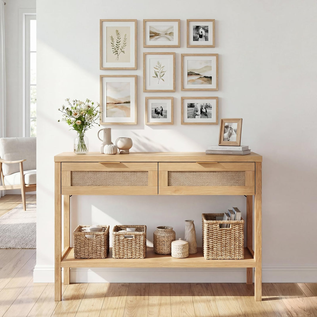 Giantex 40" Rattan Console Table with Storage for Foyer Hallway Entrance
