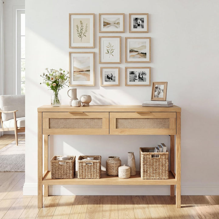 Giantex 40" Rattan Console Table with Storage for Foyer Hallway Entrance