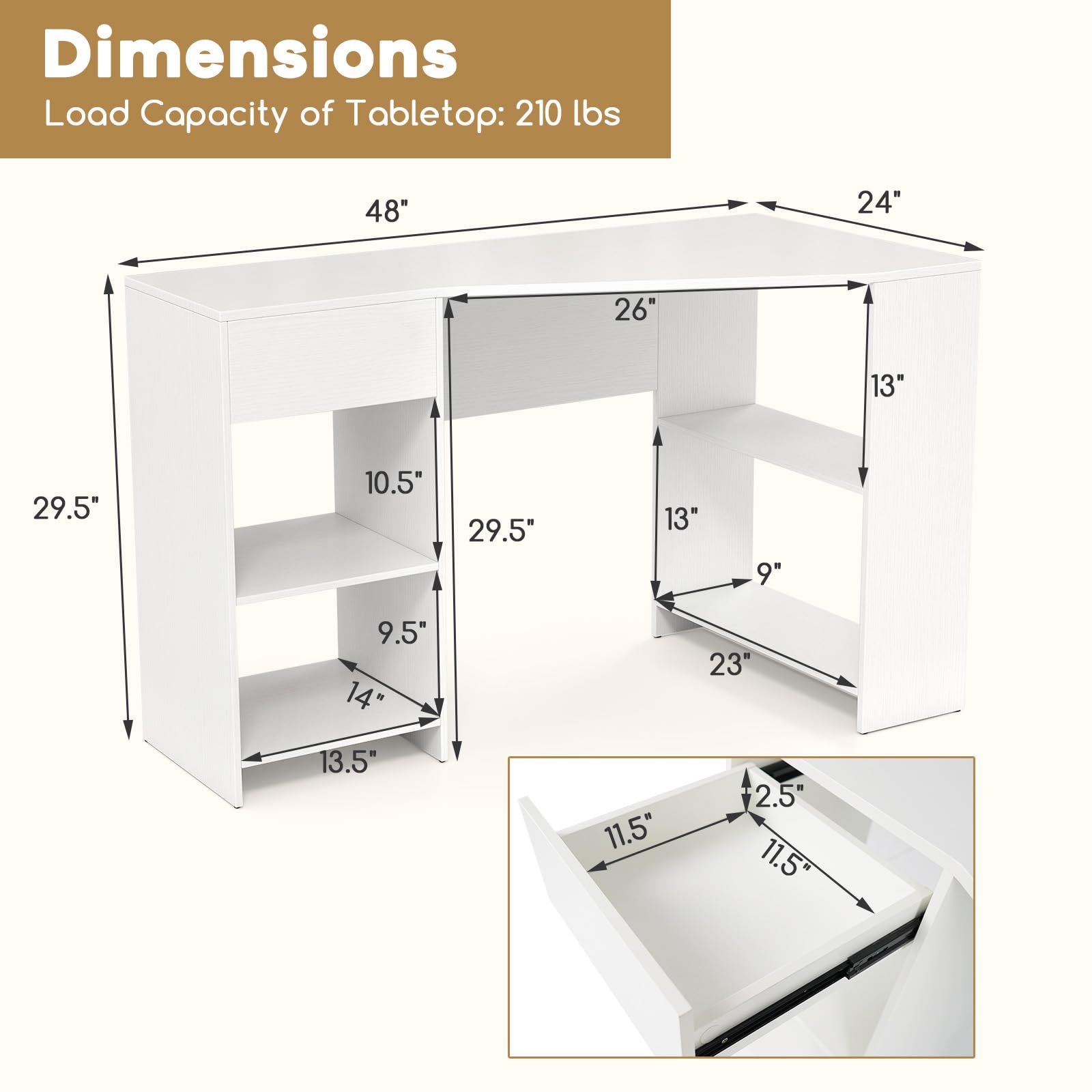 Giantex White Desk with Drawer 48 Inch Corner Desk