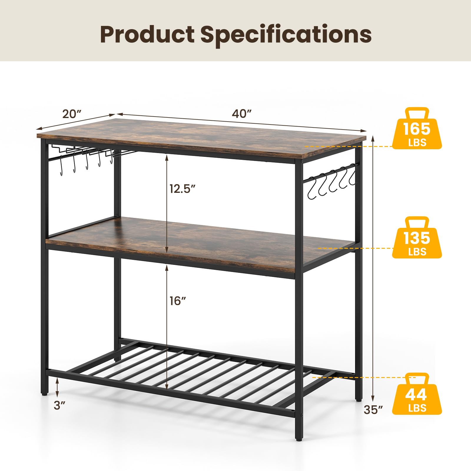 Giantex Kitchen Baker Rack with 3 Tier Storage Shelves, 10 Hooks, Glass Holder, 40" Stationary Island with Spacious Worktop