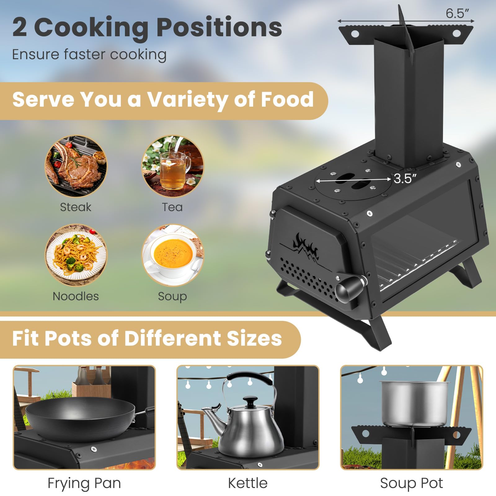 下架 - Giantex Portable Camping Wood Stove - Mini Wood Burning Stove w/ 2 Cooking Positions