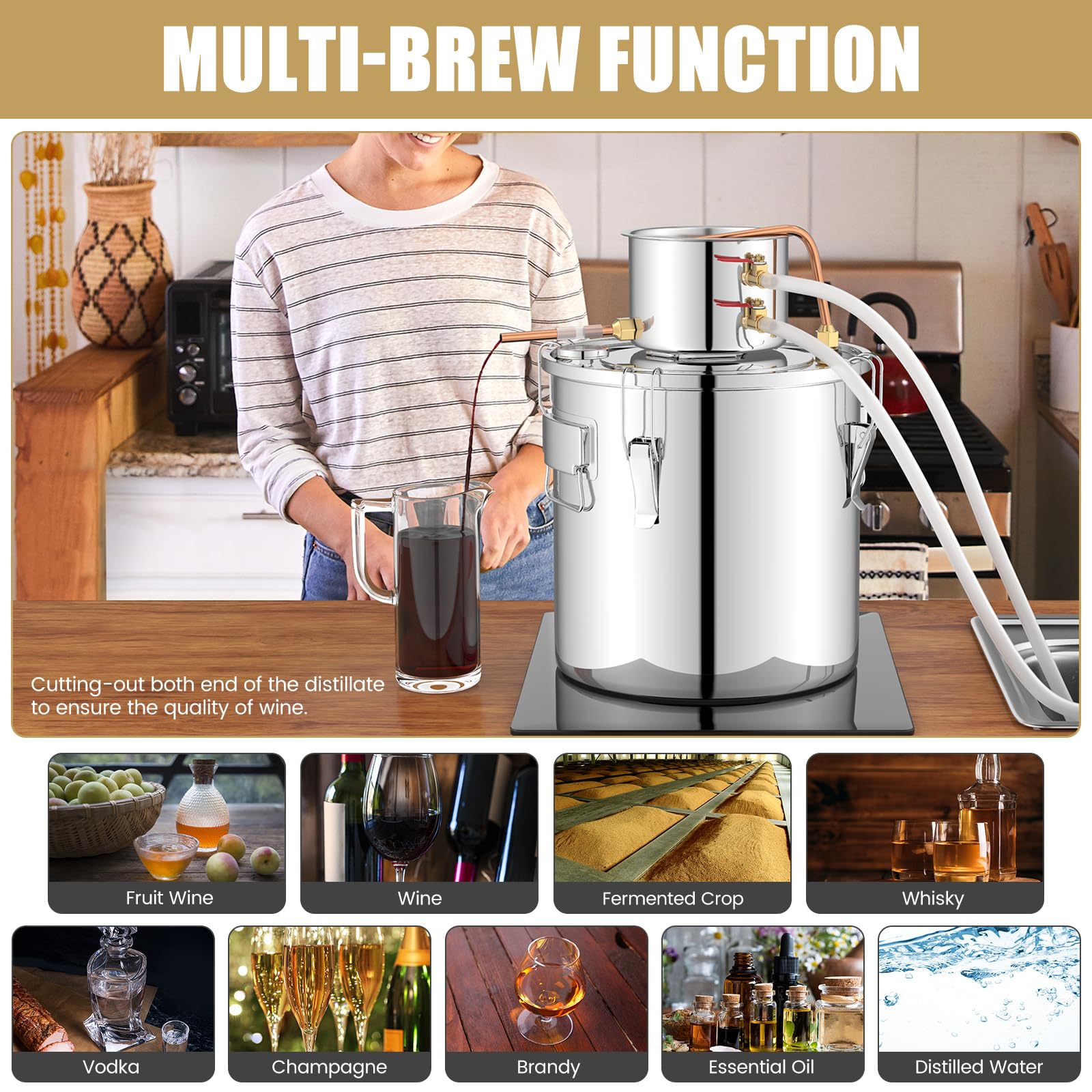 Giantex 5 or 10 Gal Alcohol Still,2 Pots Stainless Steel Alcohol Still, Multi-purpose Home Brewing Kit for DIY Whiskey, Brandy, Beer, Silver