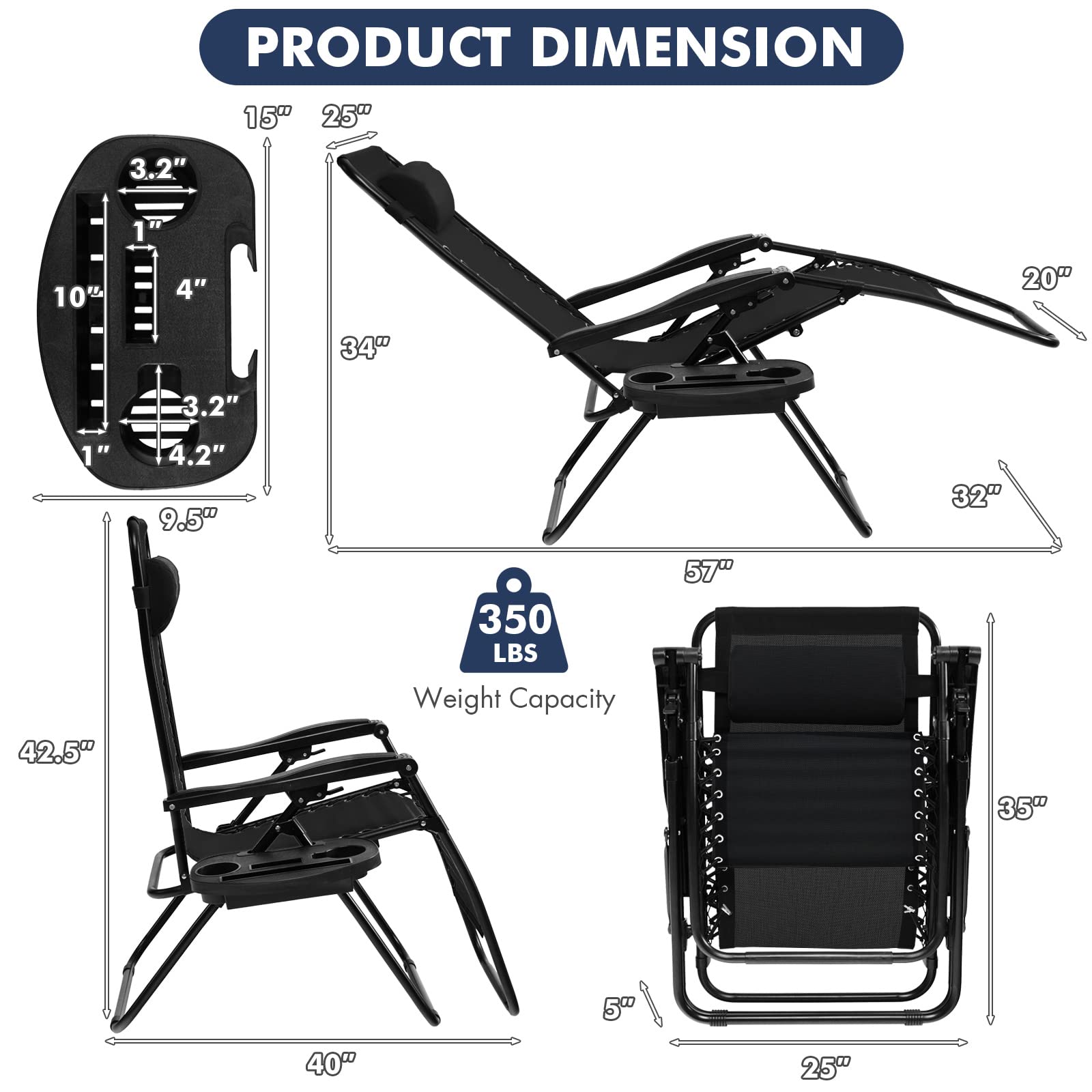 Outdoor Patio Recliner with Cup Holder & Removable Pillow