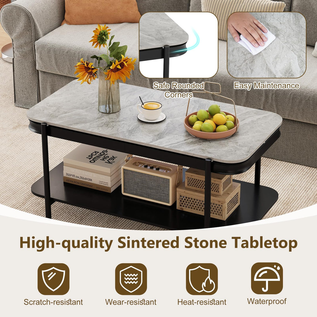 Giantex 2-Tier Coffee Table with Storage Faux Mable Center Table w/Sintered Stone Top