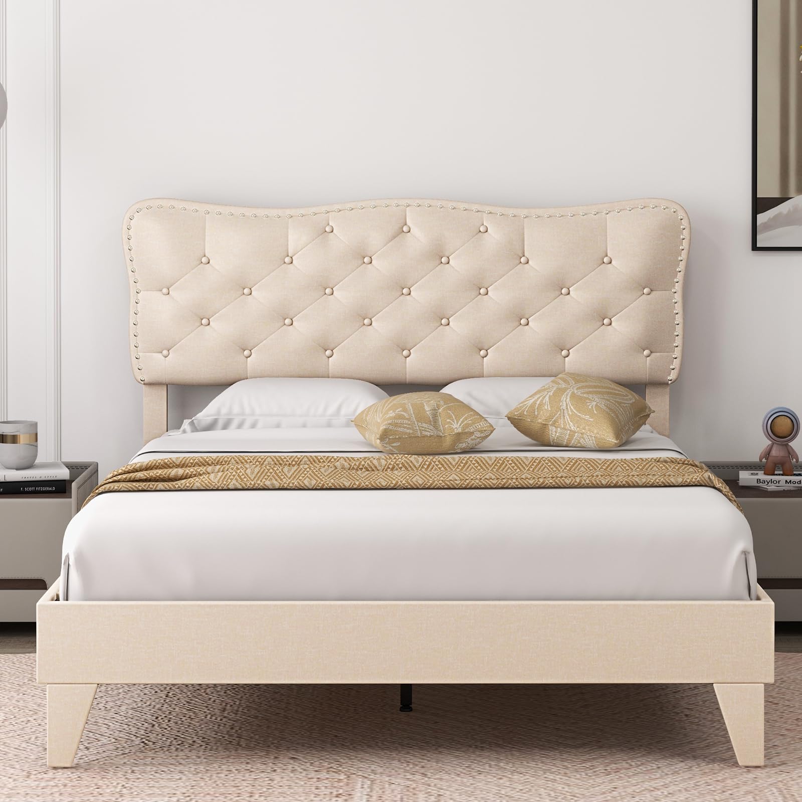 Giantex Full Size Bed Frame Beige, Linen Fabric Upholstered Platform Bed Frame with Nail Headboard