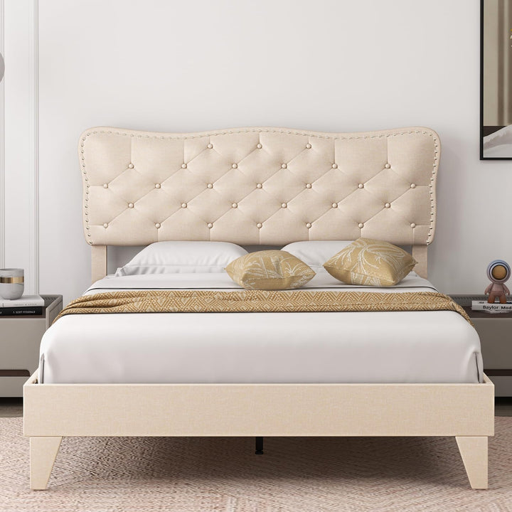 Giantex Full Size Bed Frame Beige, Linen Fabric Upholstered Platform Bed Frame with Nail Headboard