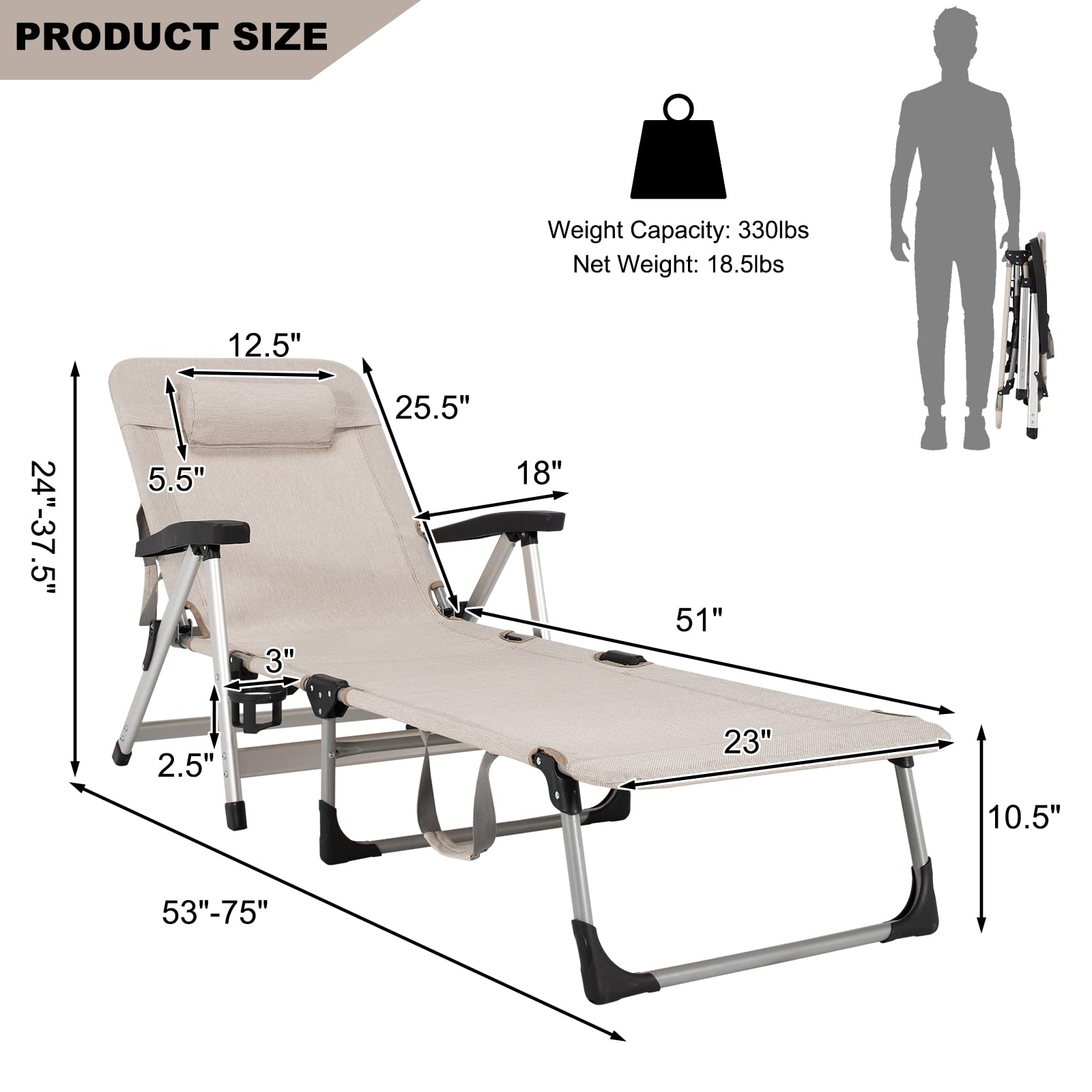 Patio Chaise Lounge Chair 7 Adjustable Position Folding Camping Cot