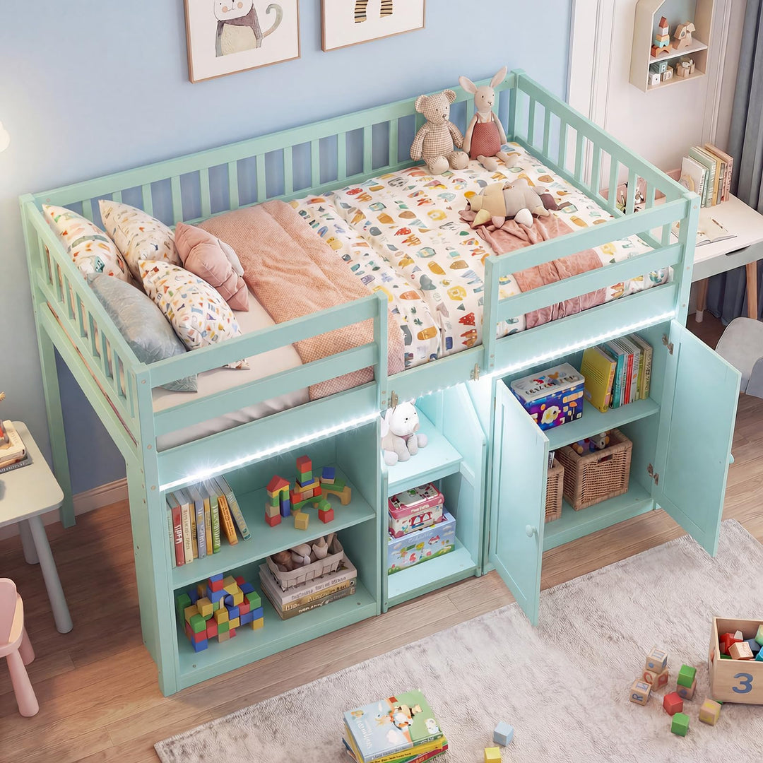 Giantex Low Loft Bed Twin Size with LED Lights, Wooden Bed Frame