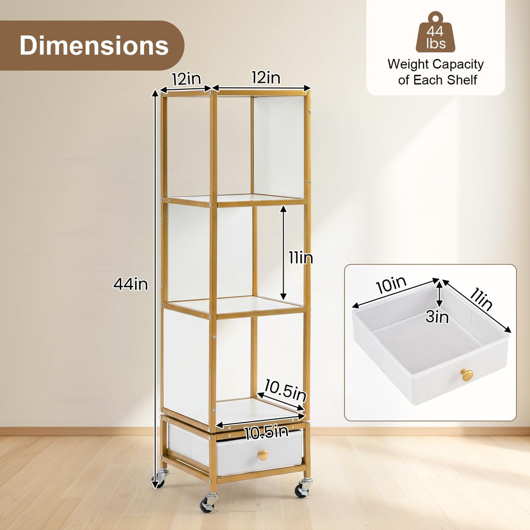 Giantex 4-Tier Rotating Bookshelf | 360° Spinning Corner Book Shelf Tower W/Removable Fabric Storage Drawer