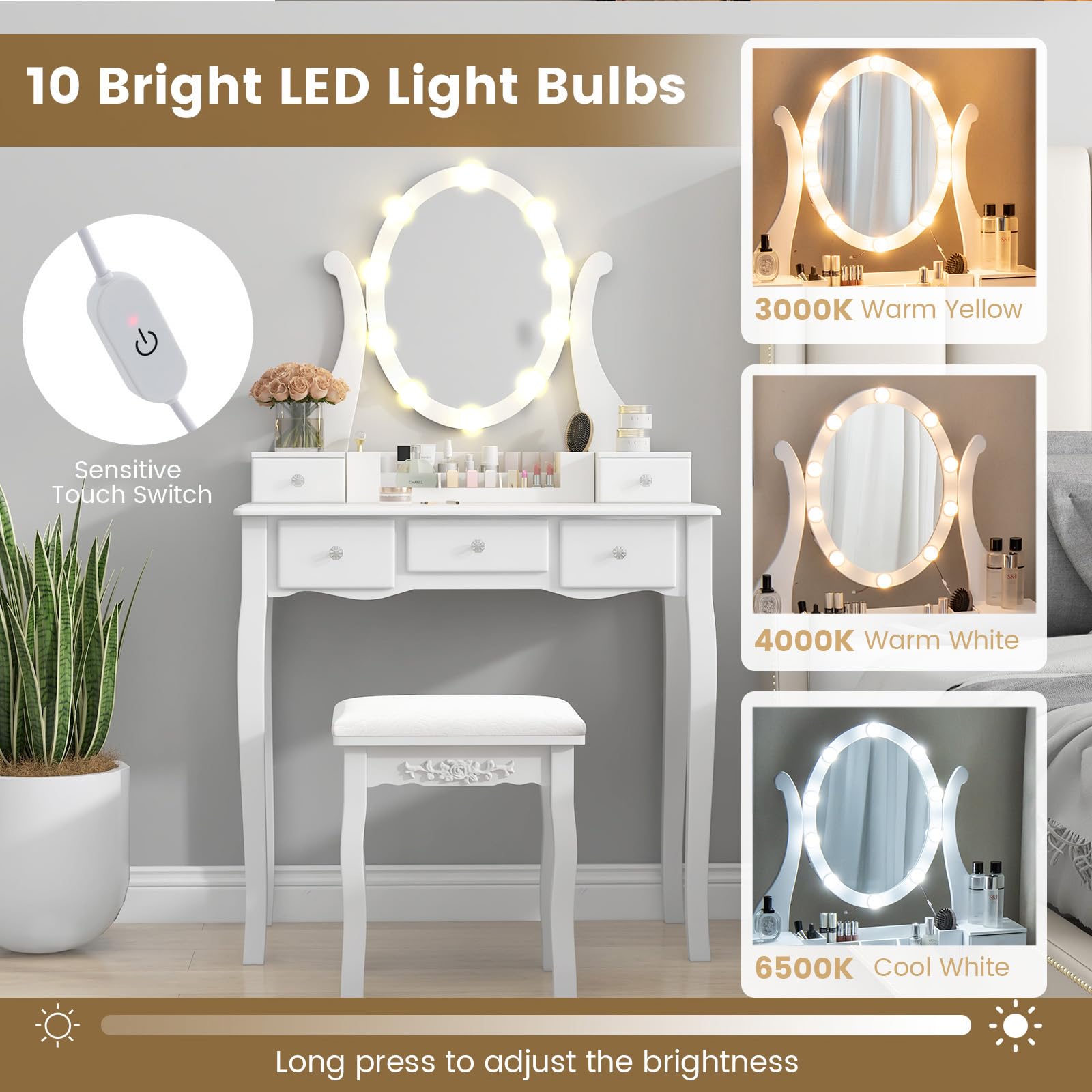 CHARMAID Vanity Desk with Lighted Mirror