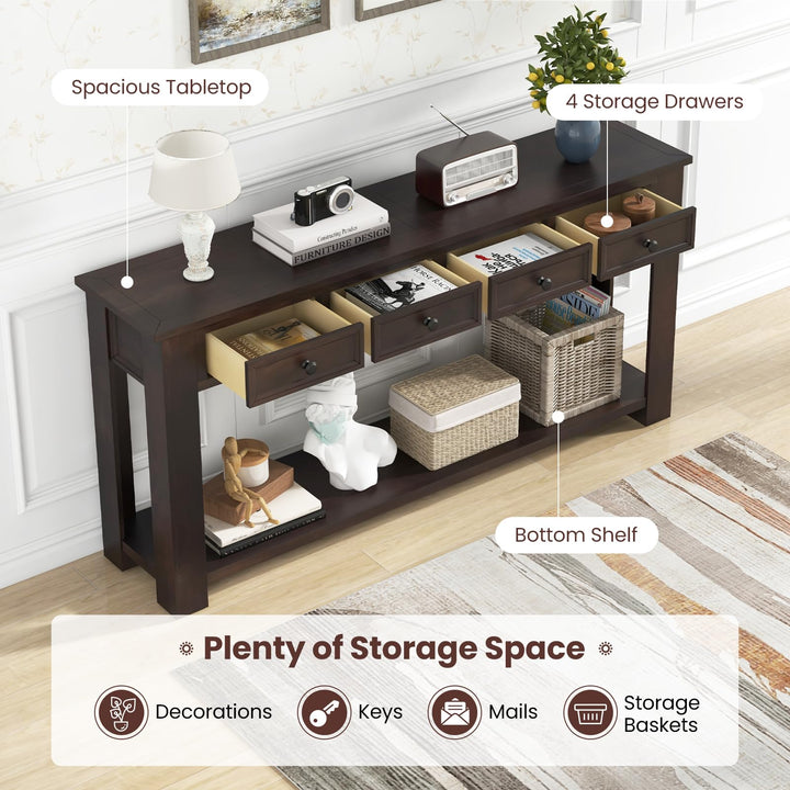 Giantex 63" Farmhouse Entryway Table, Narrow Console Table w/ 4 Storage Drawers & Open Shelf