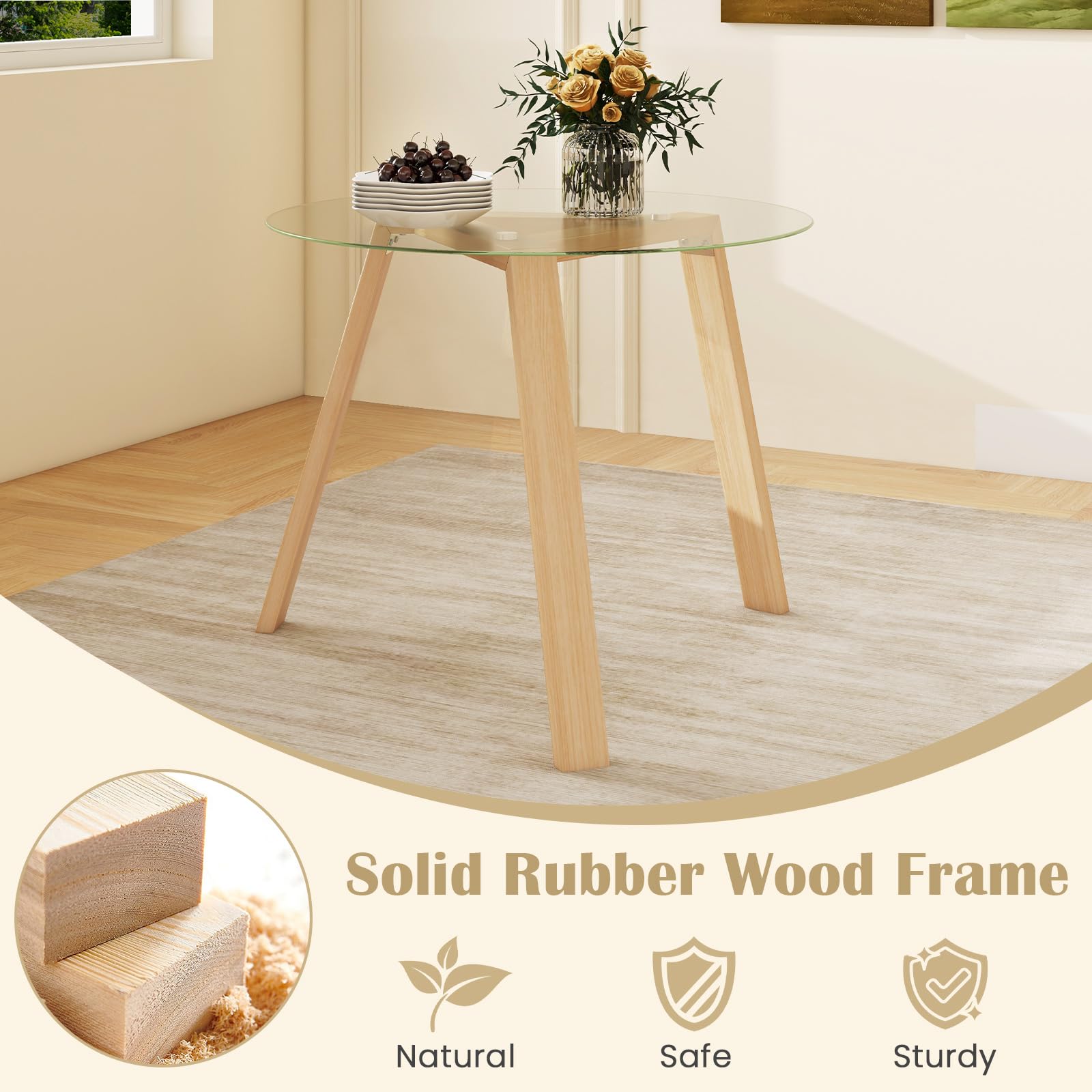 Giantex Round Glass Dining Table for 4 - Small Coffee Table with Rubber Wood Frame
