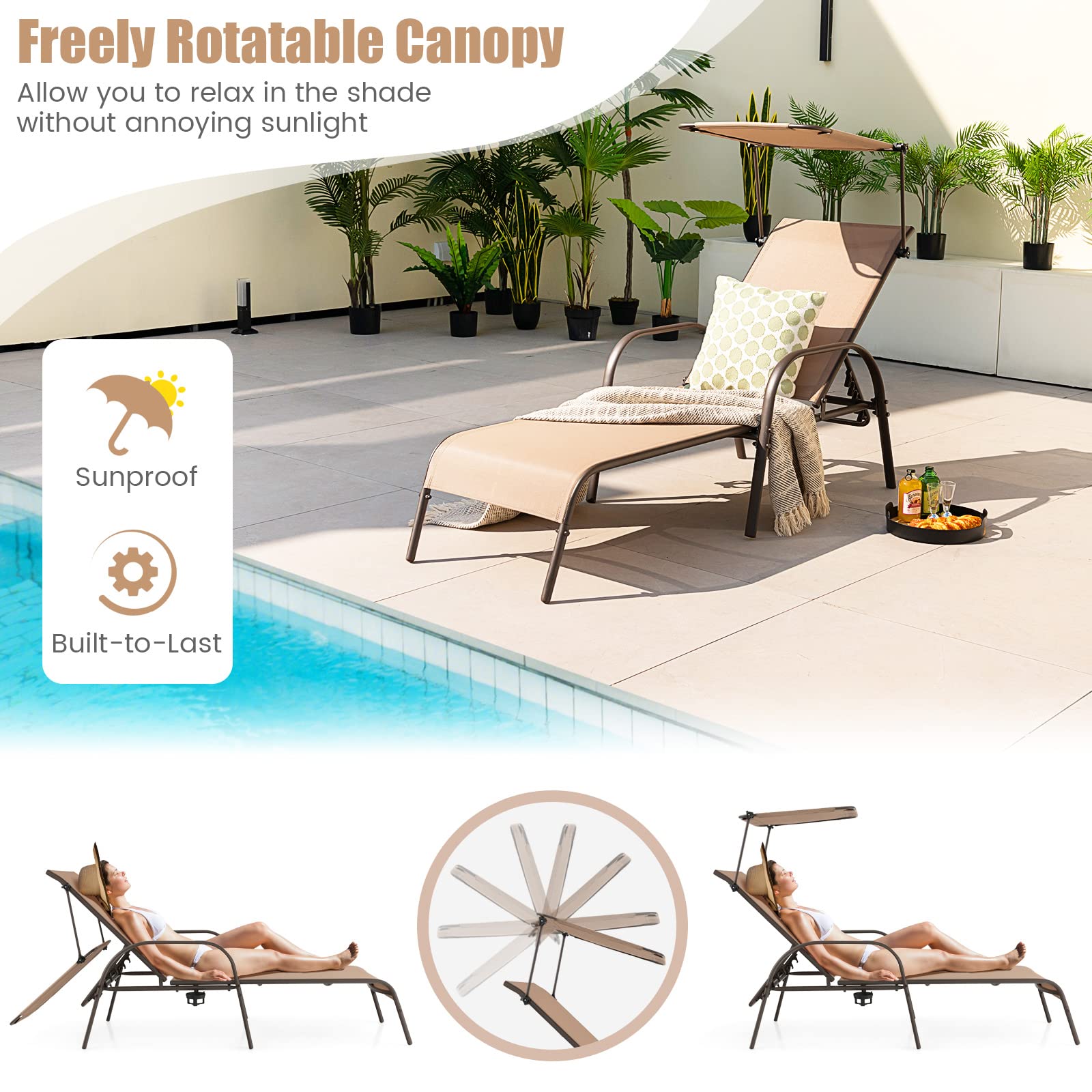 Giantex Patio Chaise Lounge Chair - Outdoor Beach Chair with Adjustable Canopy, Metal Frame Sunbathing Lounger for Outside