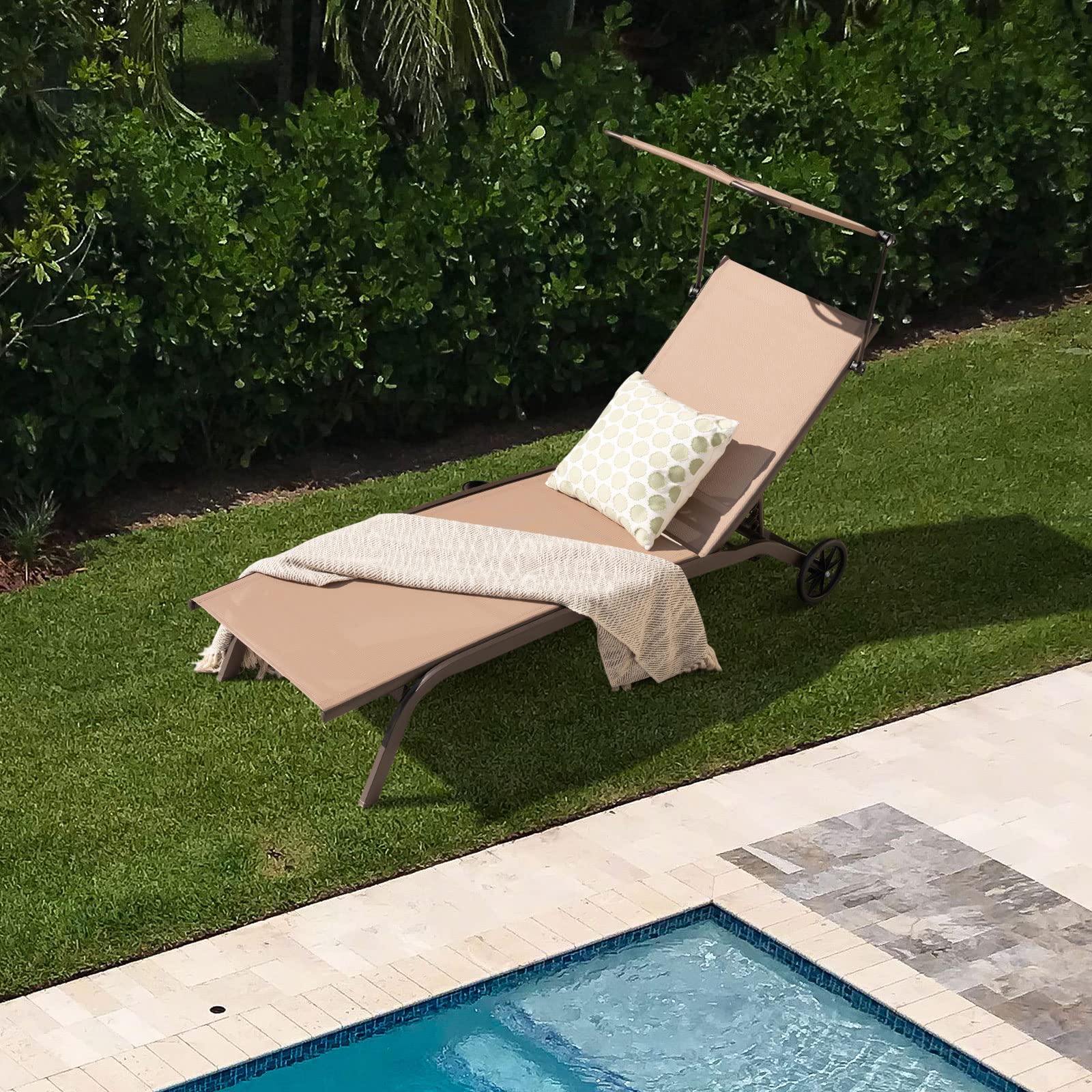 Giantex Outdoor Chaise Lounge Chair, Tanning Chair with Sunshade and Smooth Wheels, 6-Level Adjustable Position