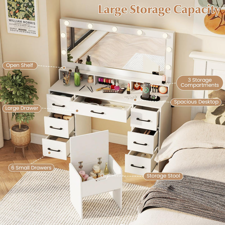 CHARMAID Vanity Desk with Mirror and Lights Charging Station & Storage Stool