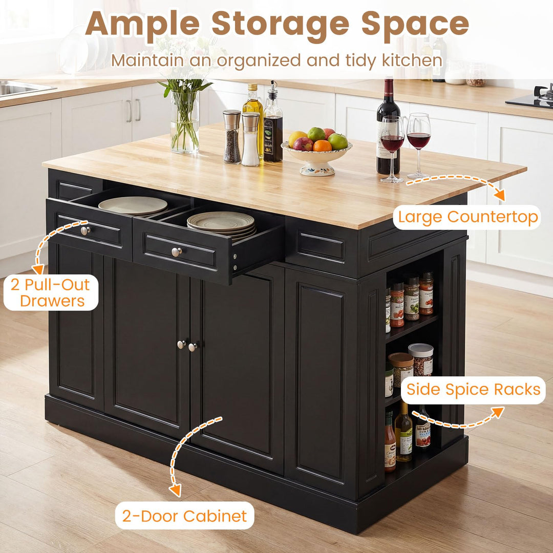 Giantex Kitchen Island with Drop Leaf, Rubber Wood Top, 2 Drawers, Storage Cabinets