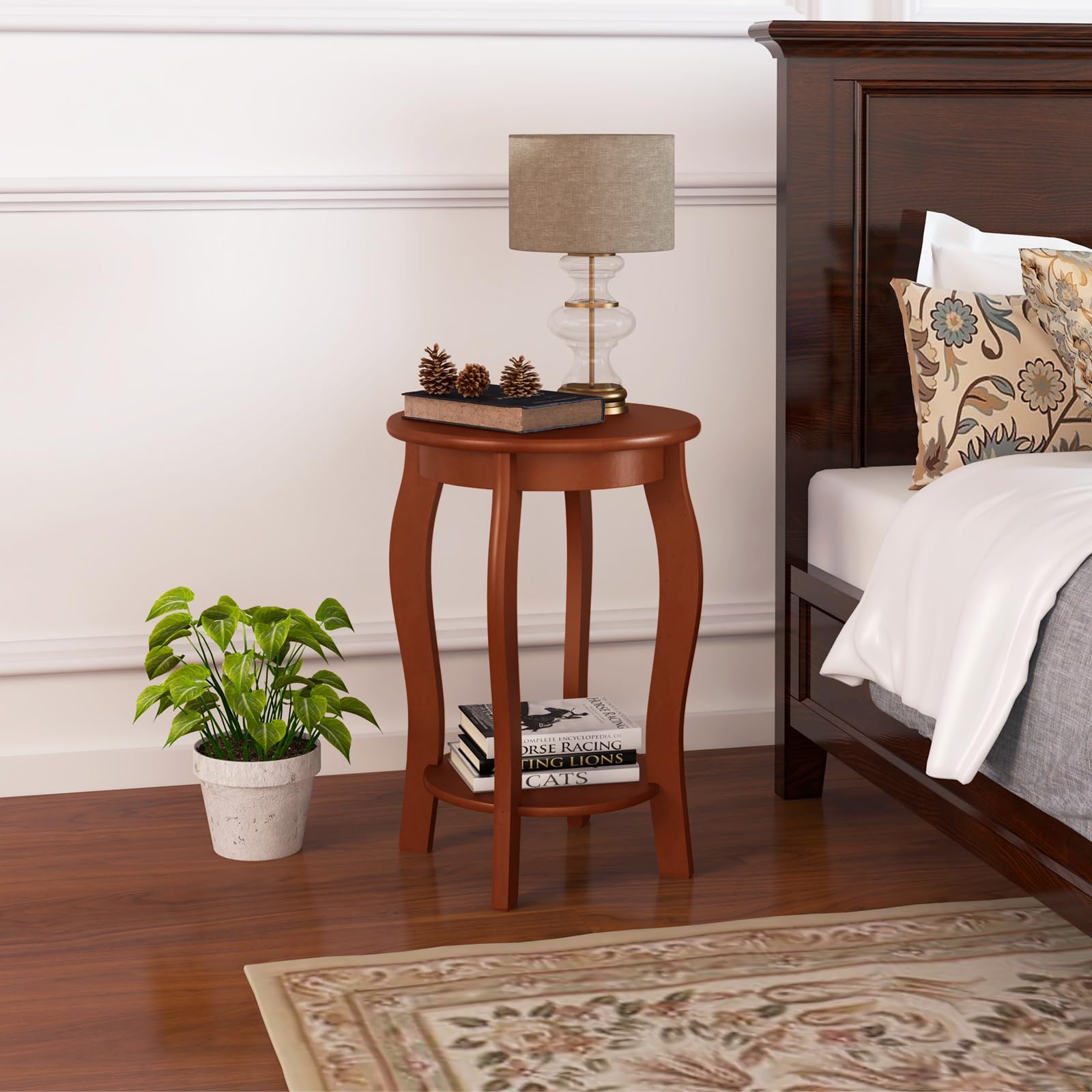 Giantex 2-Tier Round End Table, Narrow Tiered Telephone Table with Storage Shelf, Solid Wood Legs