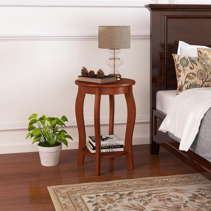 Giantex 2-Tier Round End Table, Narrow Tiered Telephone Table with Storage Shelf, Solid Wood Legs
