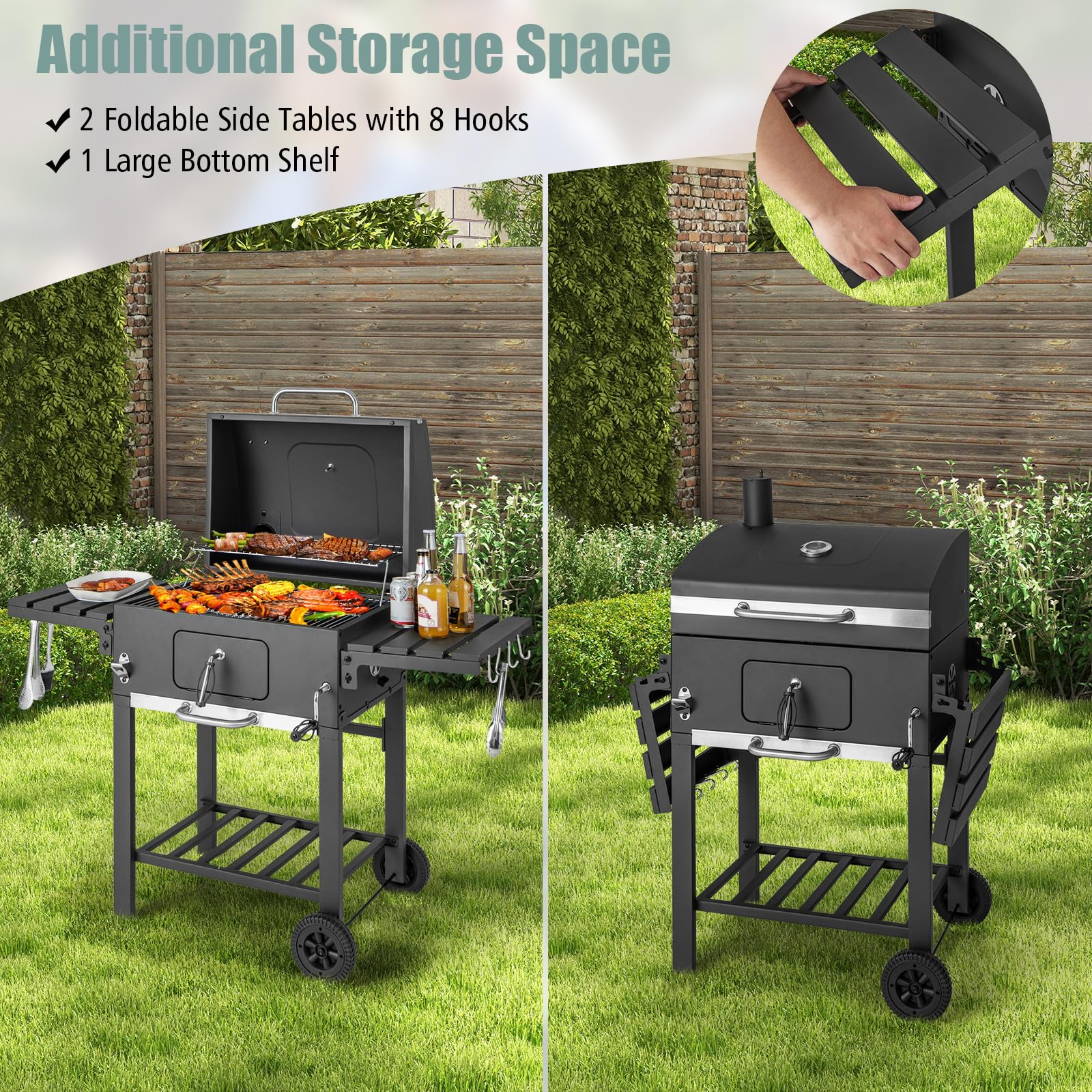 Giantex 24-Inch Charcoal Grill - 2 Foldable Side Tables, Bottom Storage Shelf, 8 Hooks, Adjustable Charcoal Tray