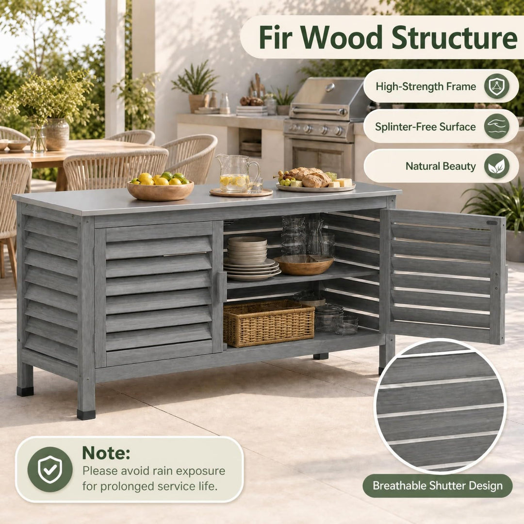 Giantex 2-Door Fir Wood Outdoor Cabinet with Stainless Steel Countertop